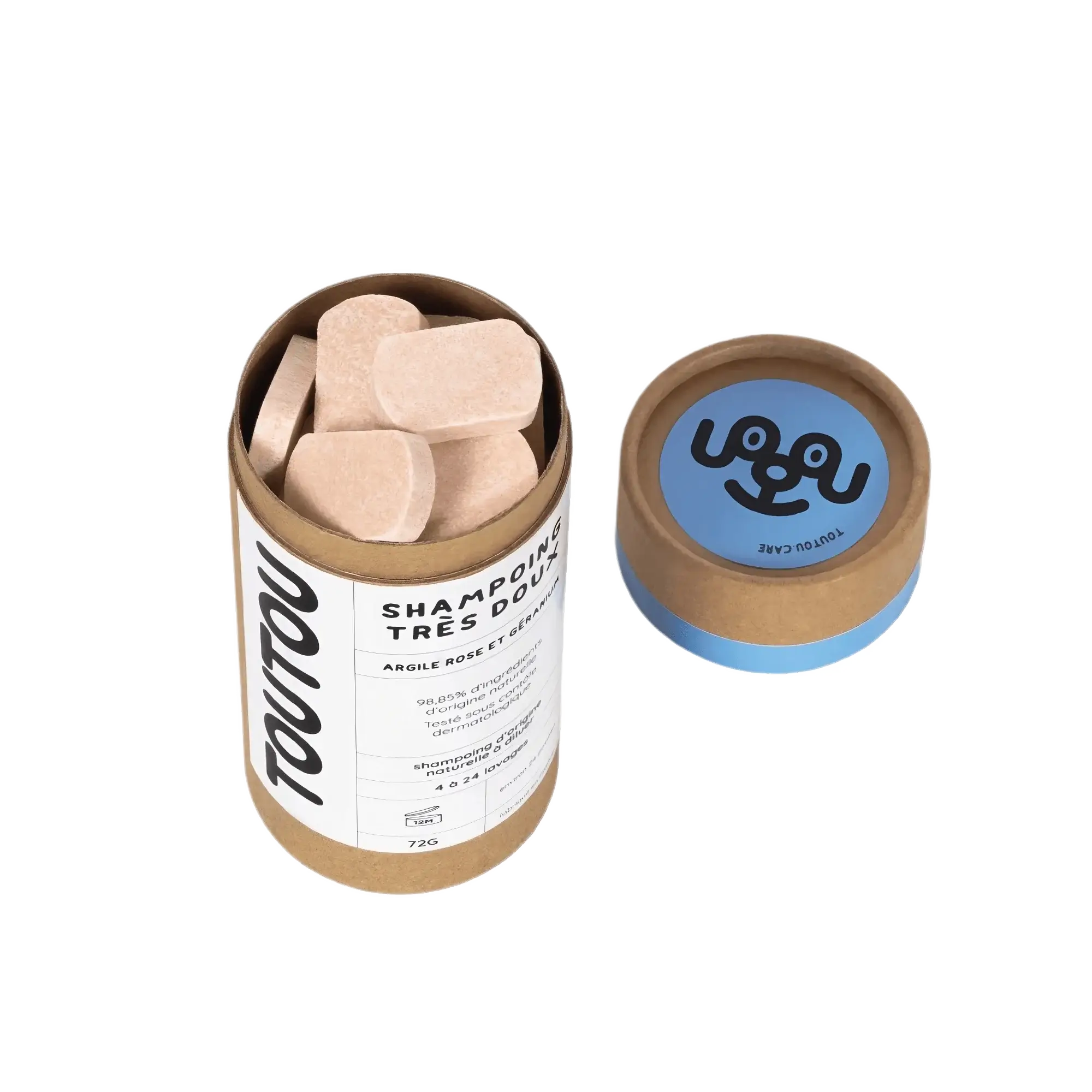 Pastilles de shampoing biodégradables pour chien, boîte ouverte, argile rose, parfum géranium, hydratation kératine.