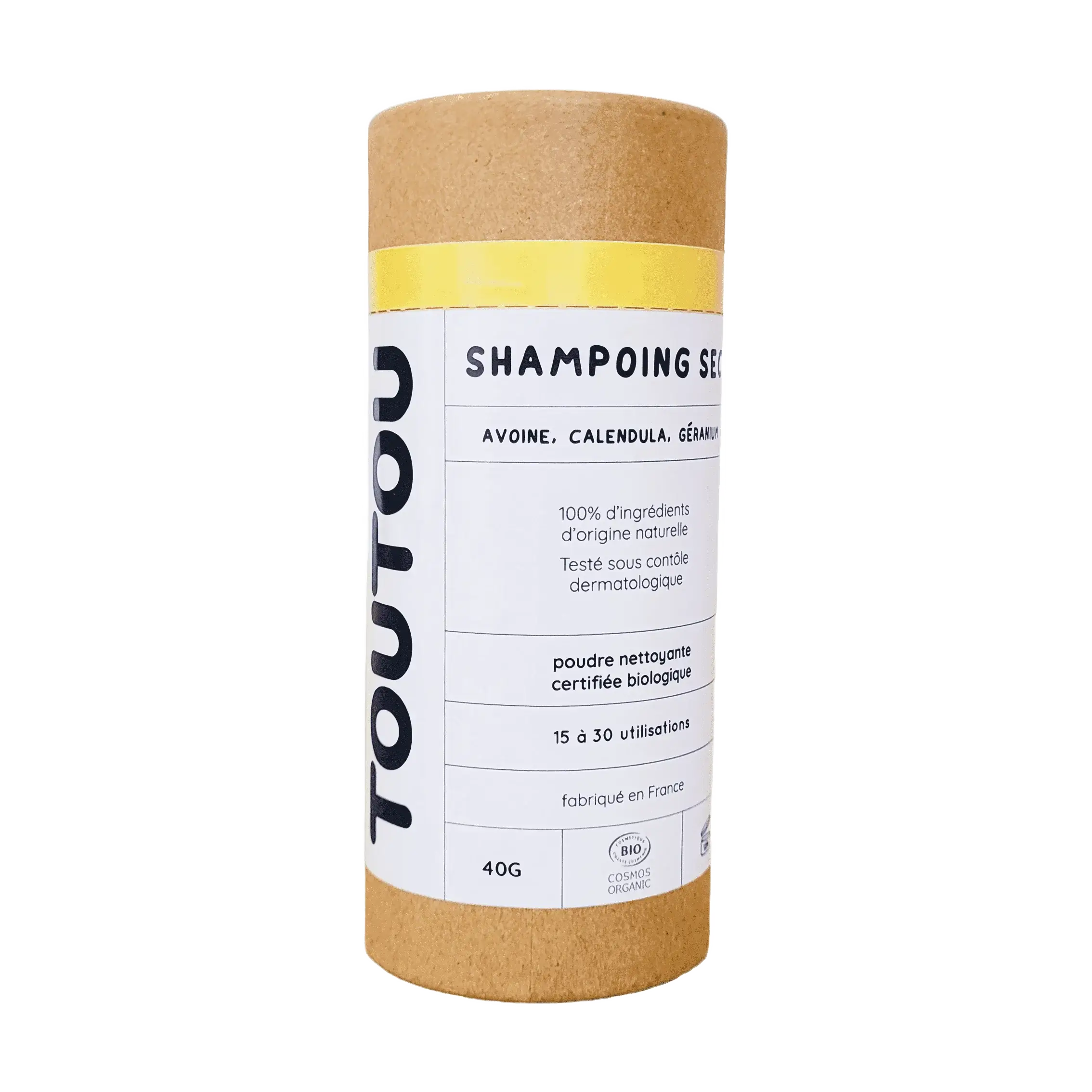 Shampoing sec pour chien à l'avoine, calendula et géranium, 40g, poudre nettoyante biologique, fabriqué en France.
