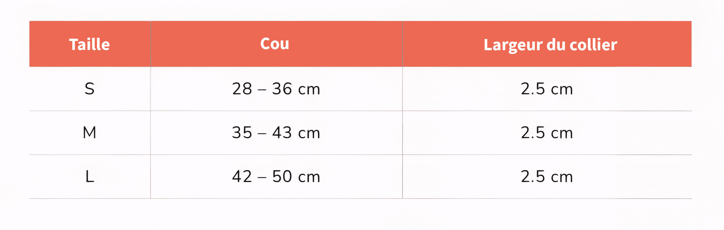 Tableau des dimensions du collier pour chien en cuir végétalien